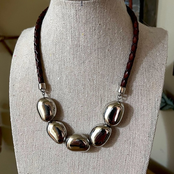 Lauren by Ralph Lauren silver toned, leather cord choker necklace - Picture 1 of 3